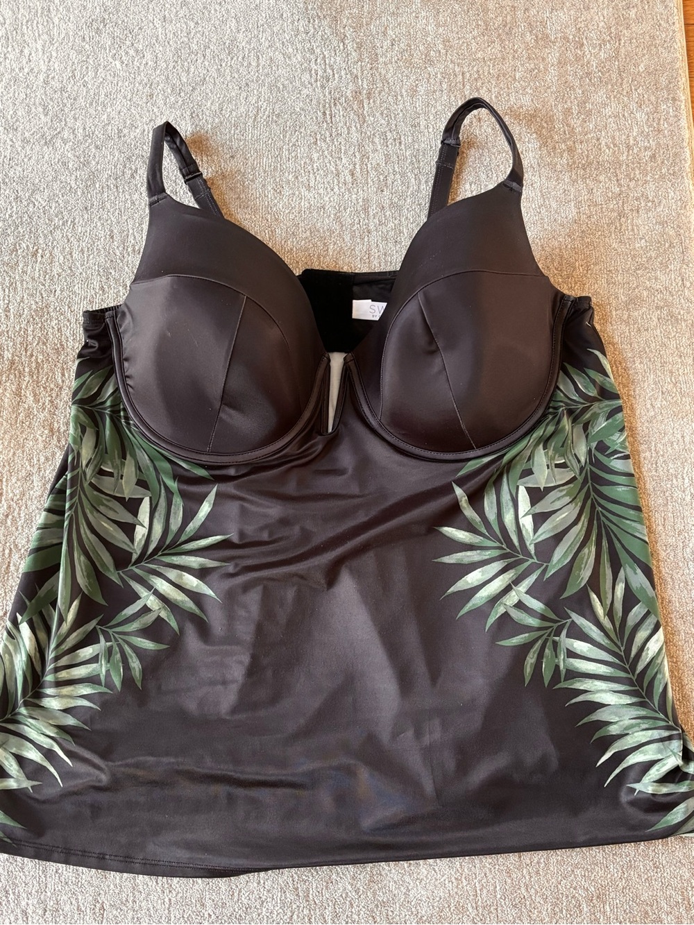 Cacique Black Swim Bra Top with palm accents